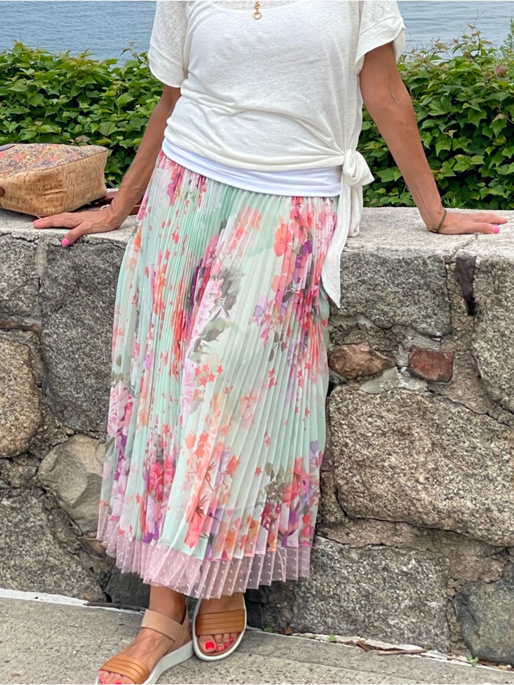 Twin-Set Mint Green Pleated Skirt with Pink & Purple Floral Print